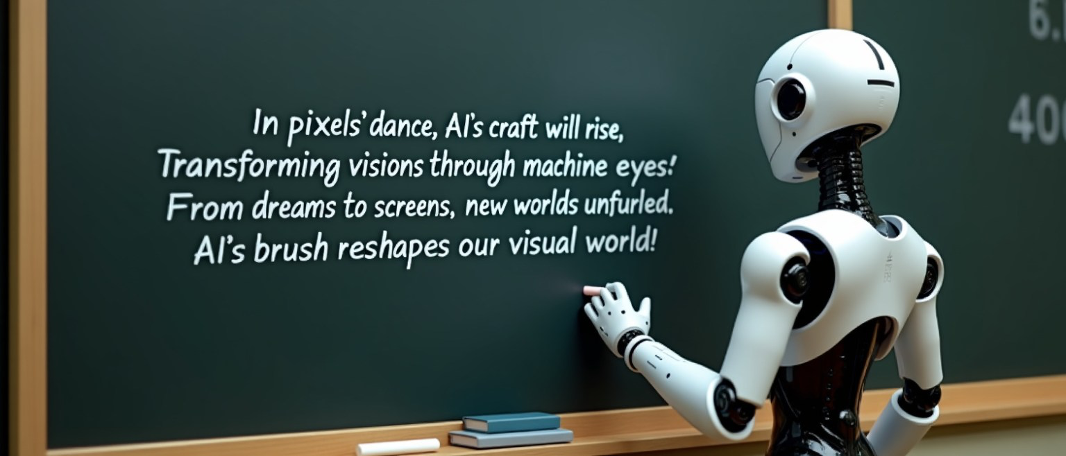 A robot holding chalk looking at a blackboard that reads the following poem:”ln pixels’ dance, AI’s craft will rise, Transforming visions through machine eyes, From dreams to screens, new worlds unfurled, AI’s brush reshapes our visual world.”