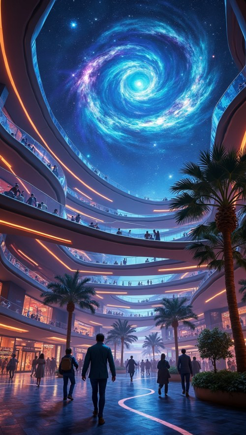 cinematic epic artwork of an infinite galactic shopping mall