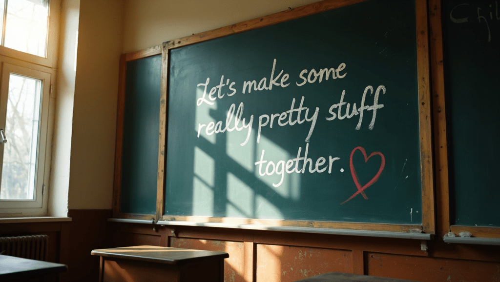 photograph of a black board in an old classroom. On the black board in chalk are the words “Lets make some really pretty stuff together” with a red chalk heart after the words. Sunlight is streaming in from the window