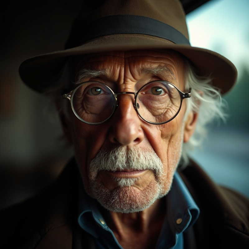 old man with glasses portrait, photo, 50mm, f1.4, natural light, Pathéchrome