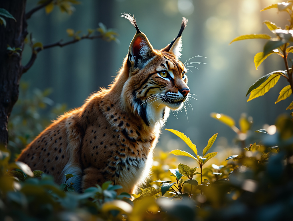 professional photograph of a lynx lit by moody harsh lighting in the middle of a forest