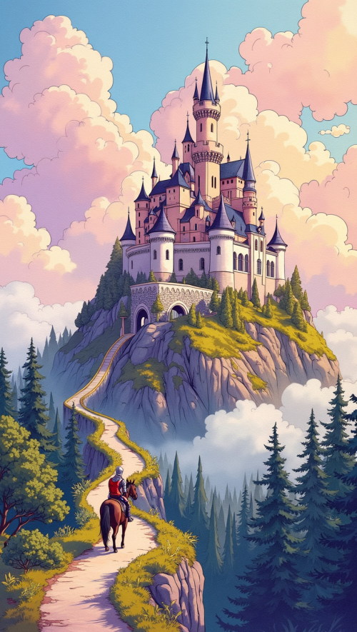 detailed pen and ink drawing with watercolor infill of a large beautiful castle on a hill above a forest, pastel colored clouds rolling by overhead, a knight on a horse can be seen riding up the winding path to the castle