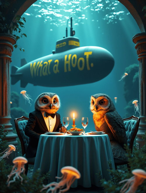 underwater scene of two owls sitting at a fancy dining table with a lit candle in the center, the two owls are having a lovely dinner together. The left owl is wearing a tuxedo, the right owl is wearing a nice dress. In the background is a submarine passing by with the words “What a Hoot” painted on its side. There are little jellyfish swimming around at the bottom of the image below the table, cinematic beautiful digital artwork