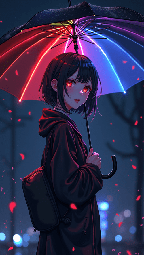 beautiful anime artwork, a cute anime girl standing alone at night darkness wearing an oversized black raincoat with a small bag. she is holding a black umbrella, the umbrella has multicolored LED hidden inside that shine down on her, small rose petals flutter through the air around her, anime screencap style, red eyes, medium hair