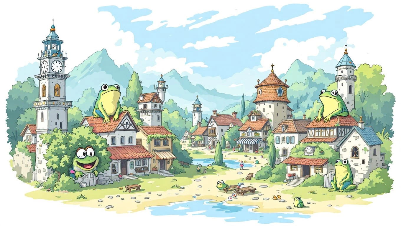 The image is a colorful illustration of a small town with a castle in the background. The town is surrounded by mountains and trees, and there is a lake in the foreground. The sky is blue with white clouds, and the ground is covered in green grass. In the center of the town, there are several buildings with red roofs and white walls. On the left side of the image, there is an old-fashioned clock tower with a clock on top, and on the right side, two green frogs are perched on the roof of one of the buildings. The frogs are smiling and appear to be enjoying themselves. There are also a few people walking around the town. The overall style of the illustration is cartoon-like and whimsical.