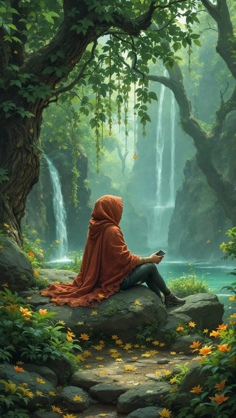 The image shows a person sitting on a rock in the middle of a lush green forest. The person is wearing a red hooded cloak and is holding a book in their hands. They are sitting on the edge of a cliff overlooking a waterfall cascading down a rocky cliff. The waterfall is surrounded by tall trees with green foliage and orange flowers. The sky is blue and the overall mood of the image is peaceful and serene. The overall mood is one of serenity and tranquility.