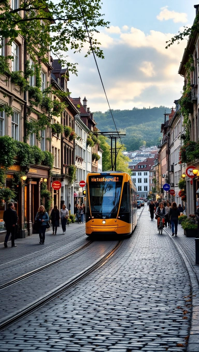 a photo of a beautiful street in Freiburg with a tram passing by and people walking about and riding bikes