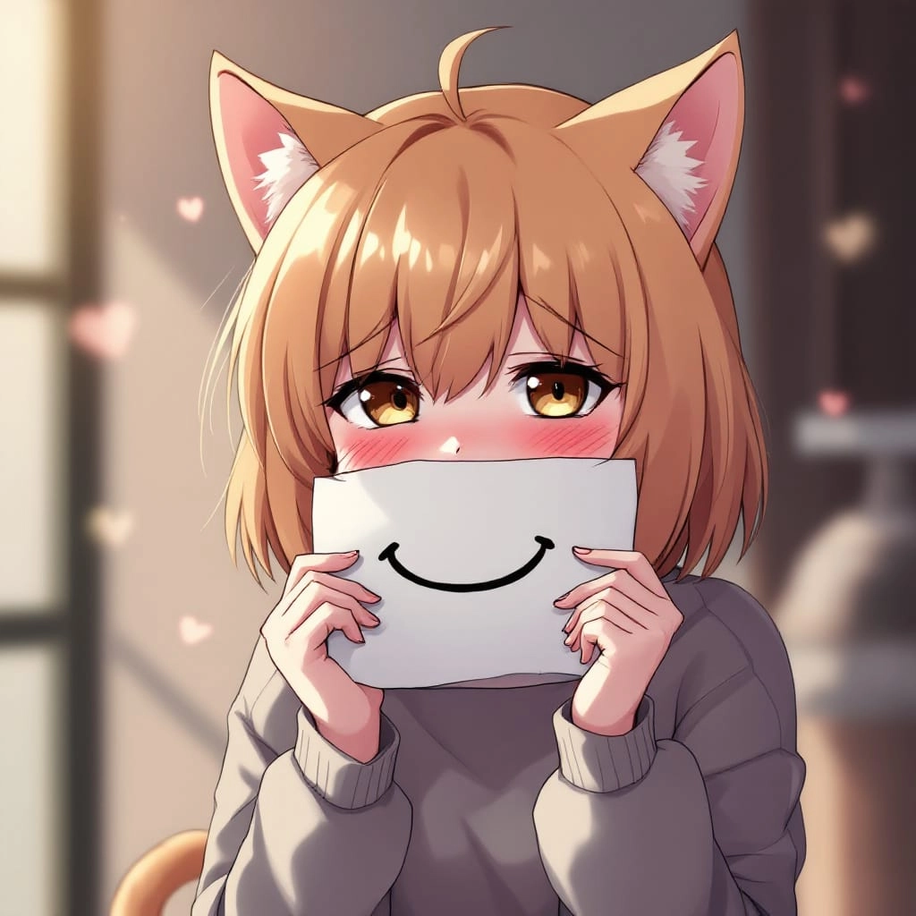 beautiful anime artwork, a cute anime catgirl that looks depressed holding a piece of paper with a smile drawn on it over her mouth, she is about to cry