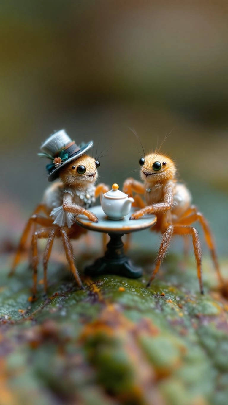 two cute spiders in victorian outfits having a miniature tea party with a tiny table and teapot on a leaf, macro photo