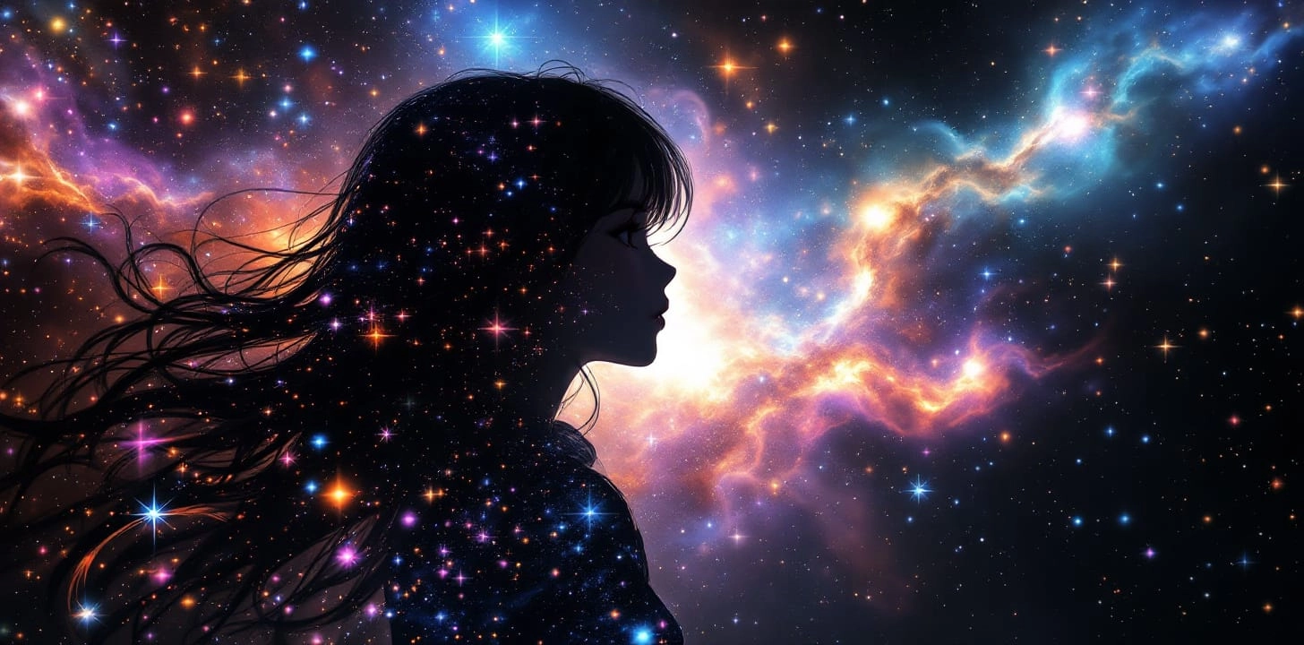 beautiful anime artwork, a cute anime girl’s silhouette, double exposure, iridescent nebula galaxy, black background, ethereal glow, bloom, hdr