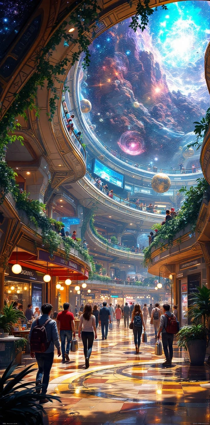 cinematic epic artwork of an infinite galactic shopping mall