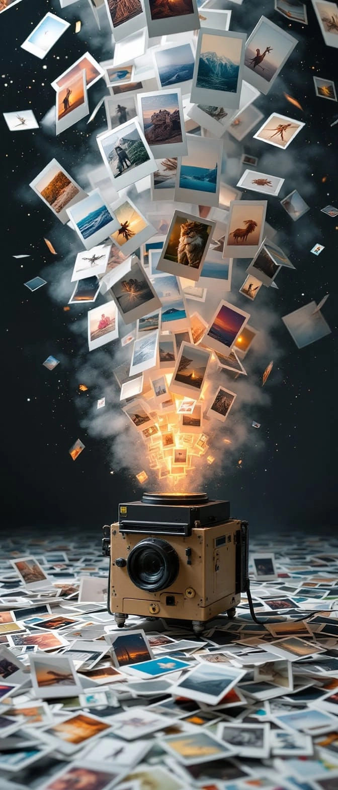 A machine generating endless of polaroid images and blowing them up into the air. Realistic National geographic photo