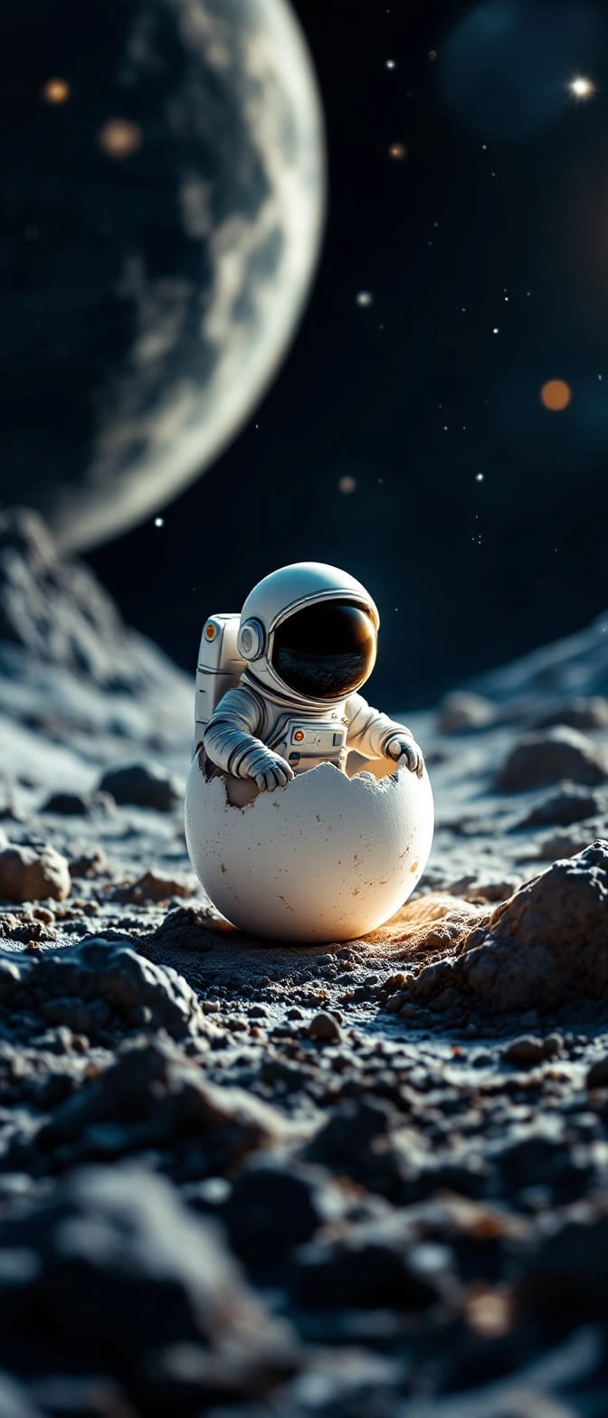 a tiny astronaut hatching from an egg on the moon