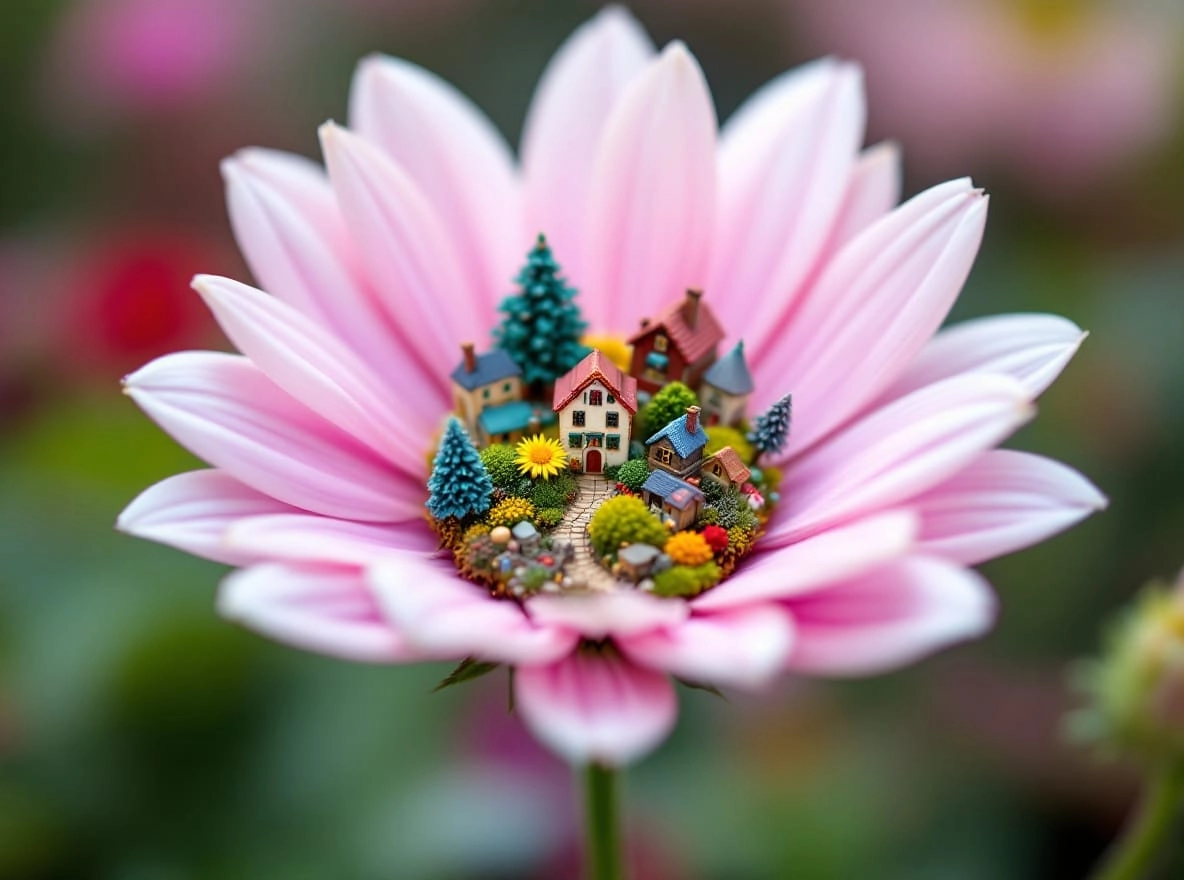 macro photography of a miniature little village on top of a flower