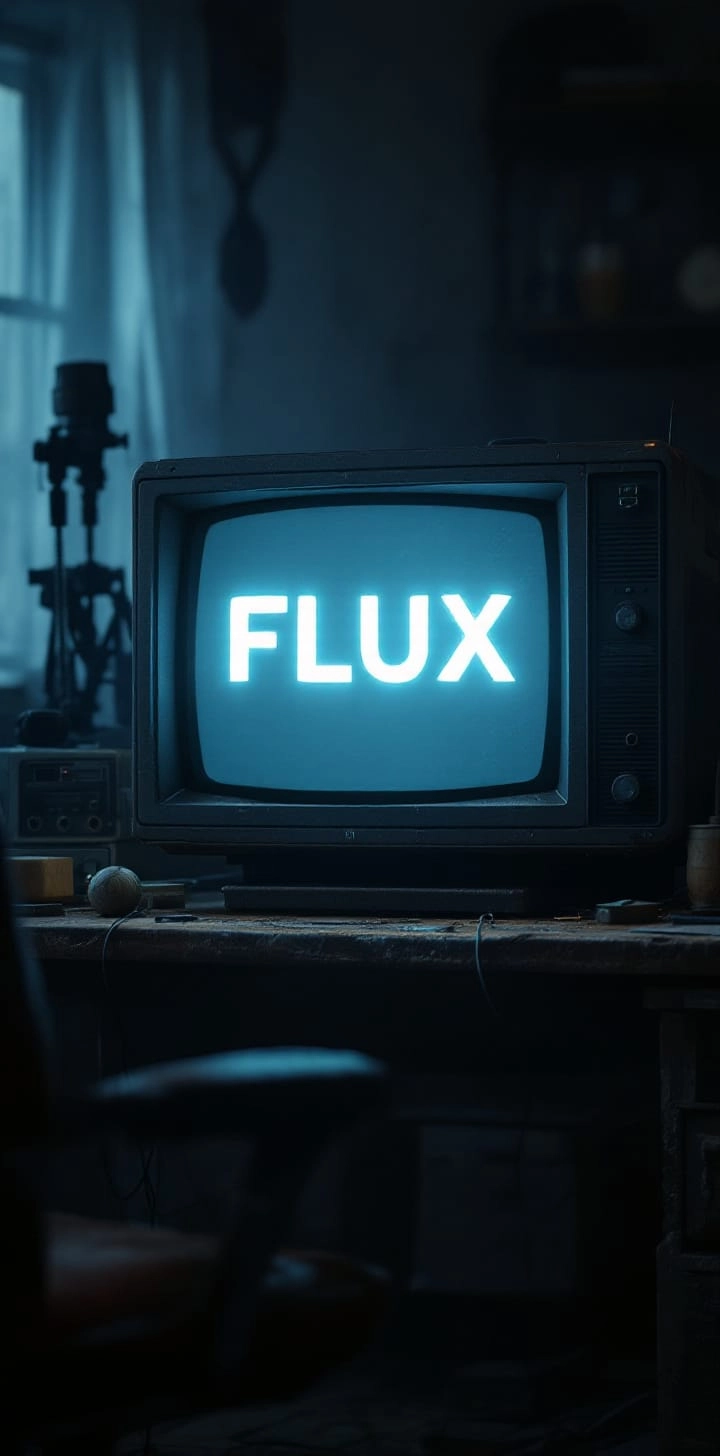 detailed cinematic dof render of an old dusty detailed CRT monitor on a wooden desk in a dim room with items around, messy dirty room. On the screen are the letters “FLUX” glowing softly. High detail hard surface render