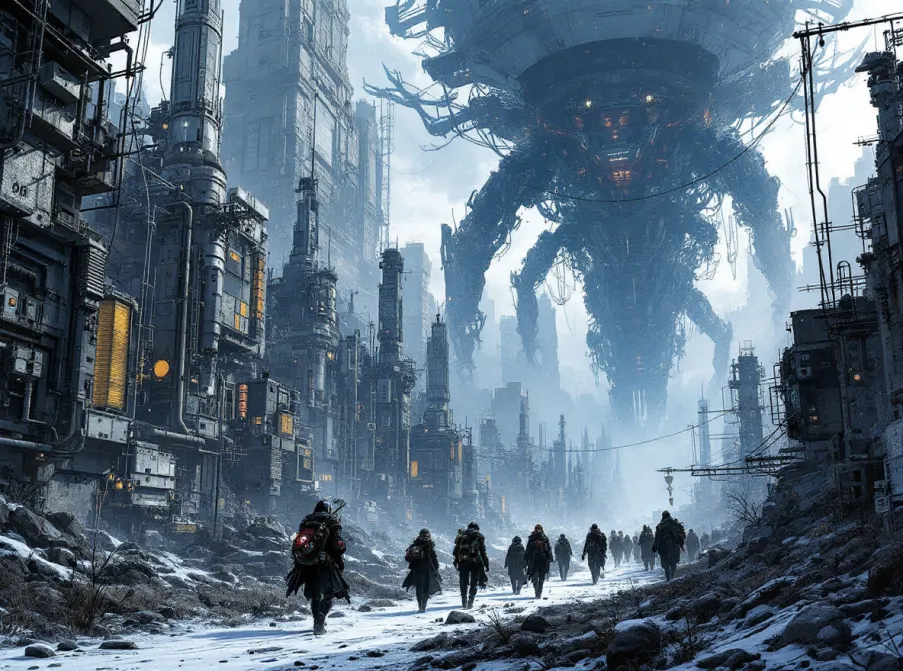 The image shows a group of people walking on a snowy path in a futuristic city. The city appears to be made up of tall buildings and skyscrapers, with a large robot-like structure in the center. The robot is blue and has a large head with sharp teeth and claws. It is surrounded by wires and cables, and there are several smaller structures scattered throughout the city.