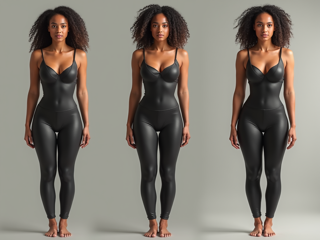 Create photo realistic images of ethnically diverse models wearing form fitting body suits 