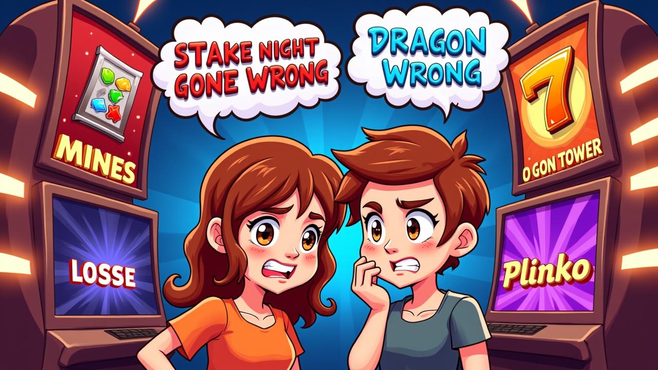 I want to create a thumbnail which includes two friends playing STAKE(stake.com) , having fun but keeps loosing. so my basic idea is like in background there should be a few STAKE(stake.com) games like mines dragon tower plinko 

