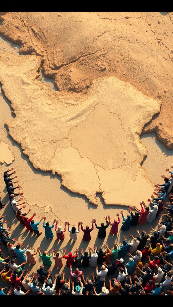 A digital illustration of an aerial map of Iran, with its borders clearly defined. Surrounding the map, a large and diverse group of Iranian people, representing various ethnic groups such as Persians, Kurds, Azerbaijanis, and Baluchis, form a human chain with their hands extended outward, standing at the borders of the country. The people are dressed in vibrant traditional attire, showcasing the cultural diversity of Iran. The map beneath them highlights the country's varied climates—deserts, plains, and mountains—with rich, earthy tones. The scene is filled with a large, visible crowd, creating a powerful display of unity and strength, as the people stand firm in defense of their homeland.