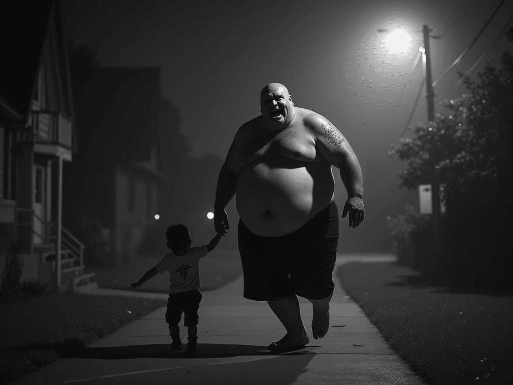 Black, fat, shirtless, obese man chasing kids in Halloween night black and white and he has a creepy smile