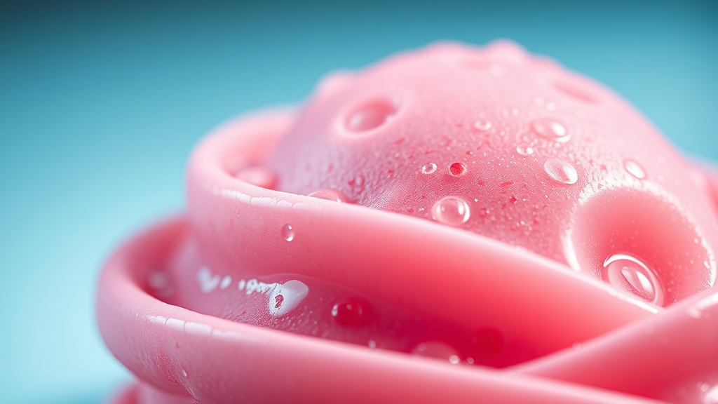 High-contrast close-up of pink berry gelato with water droplets and dynamic lighting for modern product ad.


