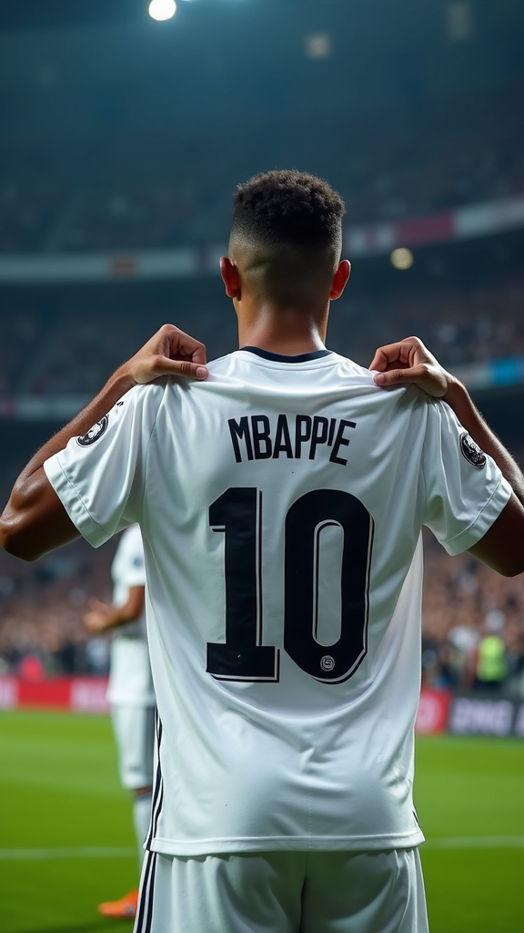 The Real Madric FC soccer player Kylian Mbappé, standing in Santiago Bernabeu stadium under night lights, triumphantly holding up the white Real Madrid soccer jersey with the name 'RYAN' and the number '10' on the back. The player looks proud and intense, with sweat glistening under the lights. The crowd in the background is cheering, blurred to keep focus on the player and jersey. The scene captures the emotion and energy of a dramatic sports moment, similar to iconic goal celebrations.