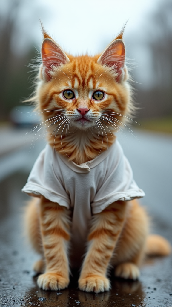 **Prompt (English):**  
A messy and dirty orange Angora kitten with tangled fur, wearing a plain white T-shirt that is torn, full of holes, and ragged. The kitten is on the side of the road during a rainy and cloudy day.