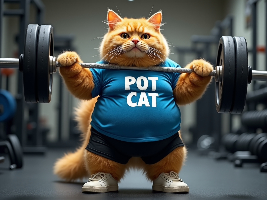The image shows a large orange cat standing in a gym, lifting a barbell with both hands. The cat is wearing a blue t-shirt with the word "POT CAT" written on it, black shorts, and white sneakers. It has a big belly and is looking up at the camera with a determined expression. The background of the image shows various gym equipment and weights.
