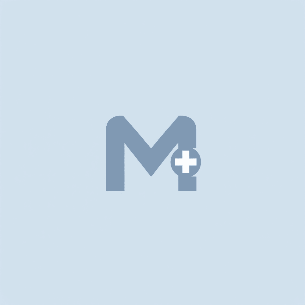 A simple and professional logo design combining the letter 'M' (for marketing) and a medical '+' symbol. The concept represents diagnosis and treatment of marketing issues. Use soft blue and medium gray colors. Minimalist, modern style with a clean and trustworthy appearance. Not flashy or overly decorative