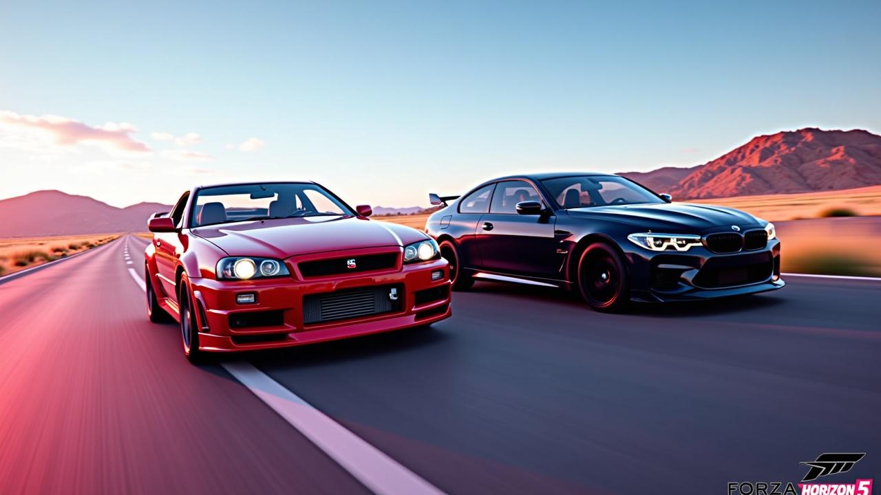 fait moi une miniature en format youtube avec un fond comme route de forza horizon 5 et tu me met une nissane skyline gt-r de 99 et une bmw de derniere generation 
