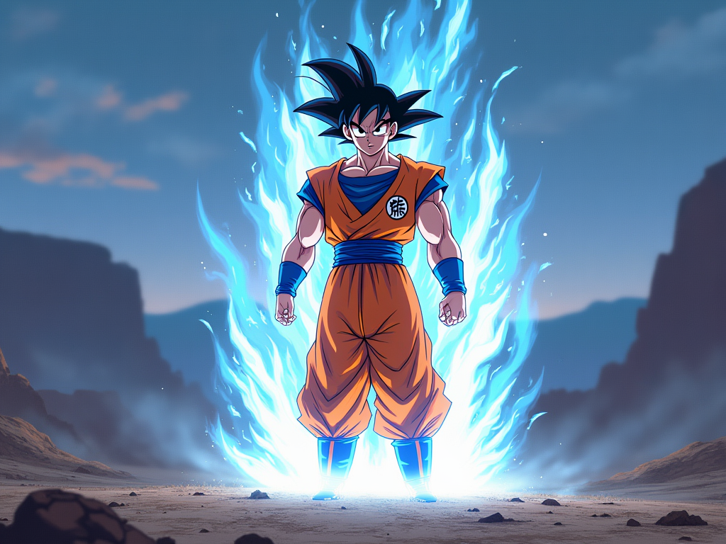 🔹 1. Sujet clair – QUI, QUOI, OÙ  
Illustration représentant Goku, vêtu de son uniforme orange abîmé, poignardé par son propre aura d’énergie blanche lumineuse, symbolisant son sacrifice. Il est agenouillé au centre d'un champ désertique crépusculaire, son expression mêlant sérénité et souffrance. L’arrière-plan montre des reliefs montagneux diffus plongés dans l’ombre.  

🔹 2. Style artistique  
→ Illustration semi-réaliste et semi-dessin, riche en détails, avec des ombres subtiles et des reflets sur l'énergie l’entourant. Les couleurs pastel froides (bleu et violet du crépuscule) équilibrées avec des teintes chaudes sur Goku (orange, doré) dominent. Un léger grain artistique rend l'image texturée mais précise.  

🔹 3. Ambiance – Lumière et atmosphère  
→ Ambiance solennelle et introspective.  
→ Lumière douce crépusculaire, mélange de lumière diffuse bleutée et lumière chaude (halo doré autour de Goku). L'éclairage met en valeur son visage légèrement baissé.  
→ Tonalité mélancolique mais paisible.  

🔹 4. Composition – Cadrage et perspective  
→ Plan moyen avec vue frontale, légèrement plongée. Goku occupe le premier plan.  
→ En arrière-plan, une lueur blanche diffuse vient des montagnes, héros et décor s’entrelacent dans un effet harmonieux.  

🔹 5. Détails, texture, rendu final  
→ Aura lumineuse de Goku légèrement vaporeuse et animée par des micro-particules.  
→ Textures réalistes sur son uniforme déchiré, ses cheveux hérissés brillants et son aura lisse contrastant avec le sol sablonneux craquelé.  
→ Rendu final net, avec un subtil jeu de lumière et profondeur.  