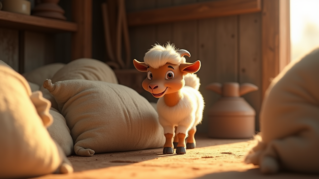 3D Pixar-style, small white and brown goat Chinki sniffing through a pile of old woolen sacks in the corner of a rustic room, curious expression, one ear tilted, wooden shelves and farming tools in background, warm morning light entering from the door.