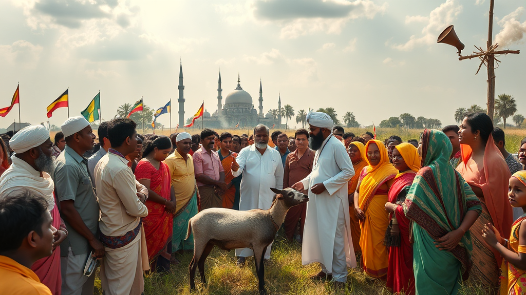 "A village gathering in an open field on Eid morning in Bangladesh. Men in panjabis and women in bright sarees surround Zaynab and her goat. Tension in the air—Zaynab stands defiantly, pointing at a rich man in a white kurta, accusing him in front of the shocked crowd. The goat stands close beside her. Show expressions of surprise, support, and shame on villagers' faces. Include Eid flags, mosque minaret in the background, smoke from cooking fires, and a bamboo loudspeaker pole. Sunlight overhead with some clouds."