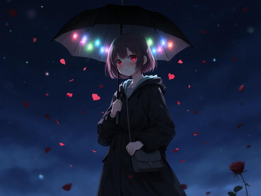 beautiful anime artwork, a cute anime girl standing alone at night darkness wearing an oversized black raincoat with a small bag. she is holding a black umbrella, the umbrella has multicolored LED hidden inside that shine down on her, small rose petals flutter through the air around her, anime screencap style, red eyes, medium hair