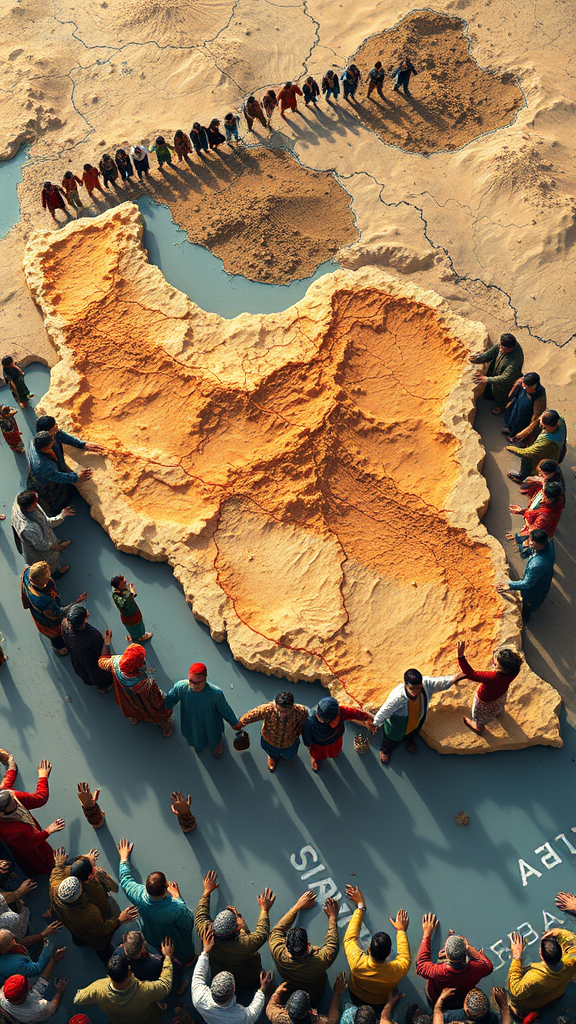 A digital illustration of an aerial map of Iran, with its borders clearly defined. Surrounding the map, a large and diverse group of Iranian people, representing various ethnic groups such as Persians, Kurds, Azerbaijanis, and Baluchis, form a human chain with their hands extended outward, standing at the borders of the country. The people are dressed in vibrant traditional attire, showcasing the cultural diversity of Iran. The map beneath them highlights the country's varied climates—deserts, plains, and mountains—with rich, earthy tones. The scene is filled with a large, visible crowd, creating a powerful display of unity and strength, as the people stand firm in defense of their homeland.