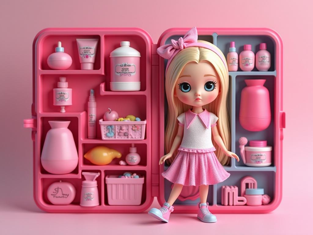 Создай арт: 3D-куклу в стиле Bratz, из soft touch пластика.
Кукла лежит в полный рост в пластиковом углублении, которое повторяет её силуэт.
Стиль: максимально реалистичный, соотношение 9:16.
Имя Анастасия- буквы впечатаны и выгравированы на коробке.
Аксессуары внутри коробки: разложены рядом с куклой по своим местам в отдельных ячейках -, пинцет, маска, палетка ресниц и т.д.)