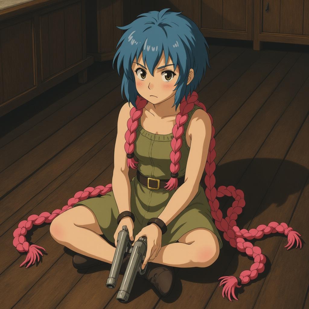 A serene Asian girl, short blue hair contrasting with long, vibrant pink braids, sits pensively on a dark, polished wooden floor, the weight of impending war etched on her face.  Rising, her serious expression hardens; she's alone, facing a legion.  Two gleaming pistols are drawn, their metallic gleam reflecting the dim light.  Fear grips monstrous enemies, their forms trembling as she bravely charges, a whirlwind of defiance and grace.
