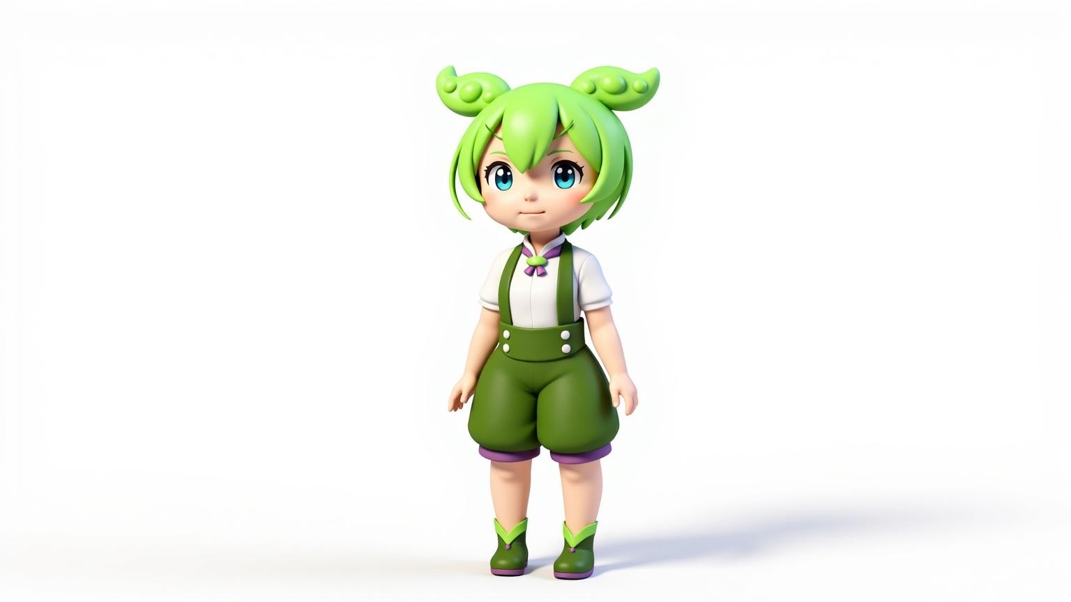 Create a high-fidelity 3D model based on the referenced image, styled as a direct and faithful 3D conversion of an anime character. The final result should look like a character from a Japanese anime that has been perfectly brought to life in 3D.

The character must be posed facing directly forward. Position both arms slightly away from the waist, ensuring they do not touch the body. The background must be a solid, pure white.