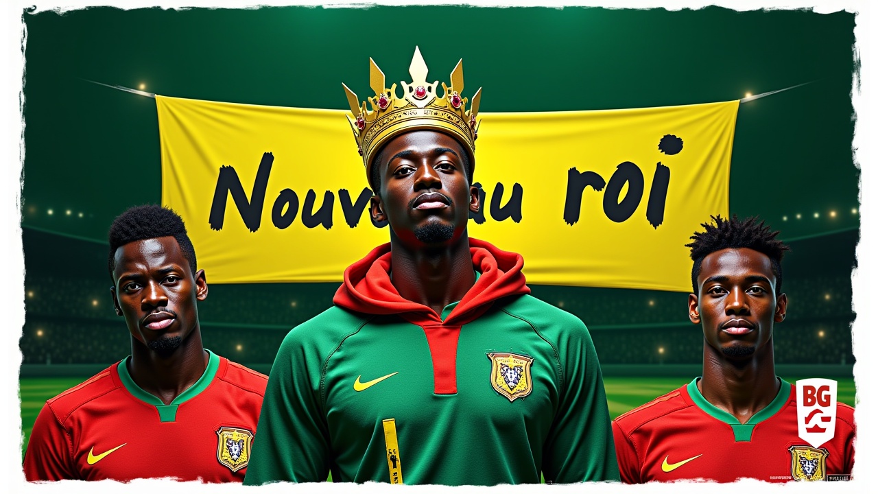 Crée une miniature youtube bien attrayante et Désign. Image principal Lamine Yamal avec sa couronne derrière lui Mbappé raphinha d'un côté et Dembelé GYOKERES de l'autre côté. Fond stade sombre vert. Ajoute une bande jaune m'étant en avant le mot : Nouveau roi. Ajoute aussi la Frame blanc puis le mot BG a l'angle droit 