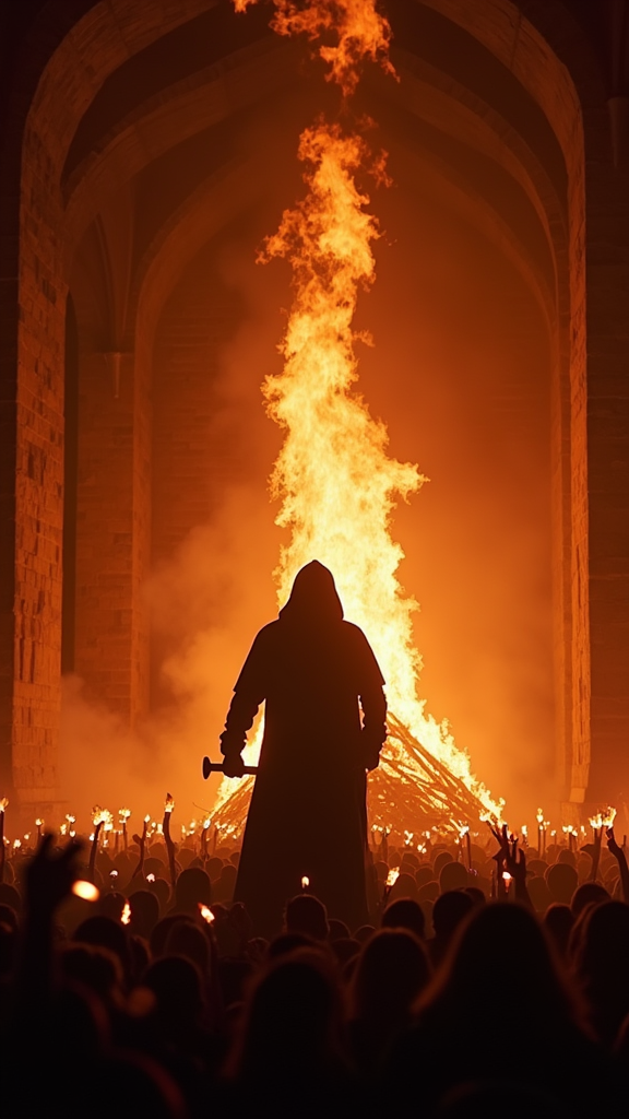 Cathedral of burning logs as a stage. Hooded artist backlit by pyre, only mic-wielding silhouette visible. Crowd below with torches, faces eaten by flames. Walls — shadow puppets mimicking the artist. Style — medieval doom: black-red palette, firelight flicker, charcoal grain