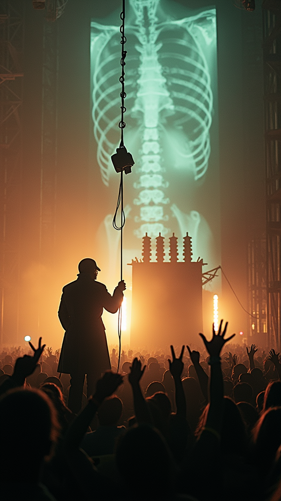 An abandoned factory, stage — a rusted platform with sparking transformers. In the distance — artist’s silhouette in a trench coat, face obscured by smoke. Gripping a mic on a steel cable, dangling like a noose. Foreground — chain curtains framing crowd’s gas-masked hands. Background — glitching X-ray projections. Style — brutalist cyberpunk: slate-gray, blood-red, toxic-yellow gradients, deep haze, film scratches