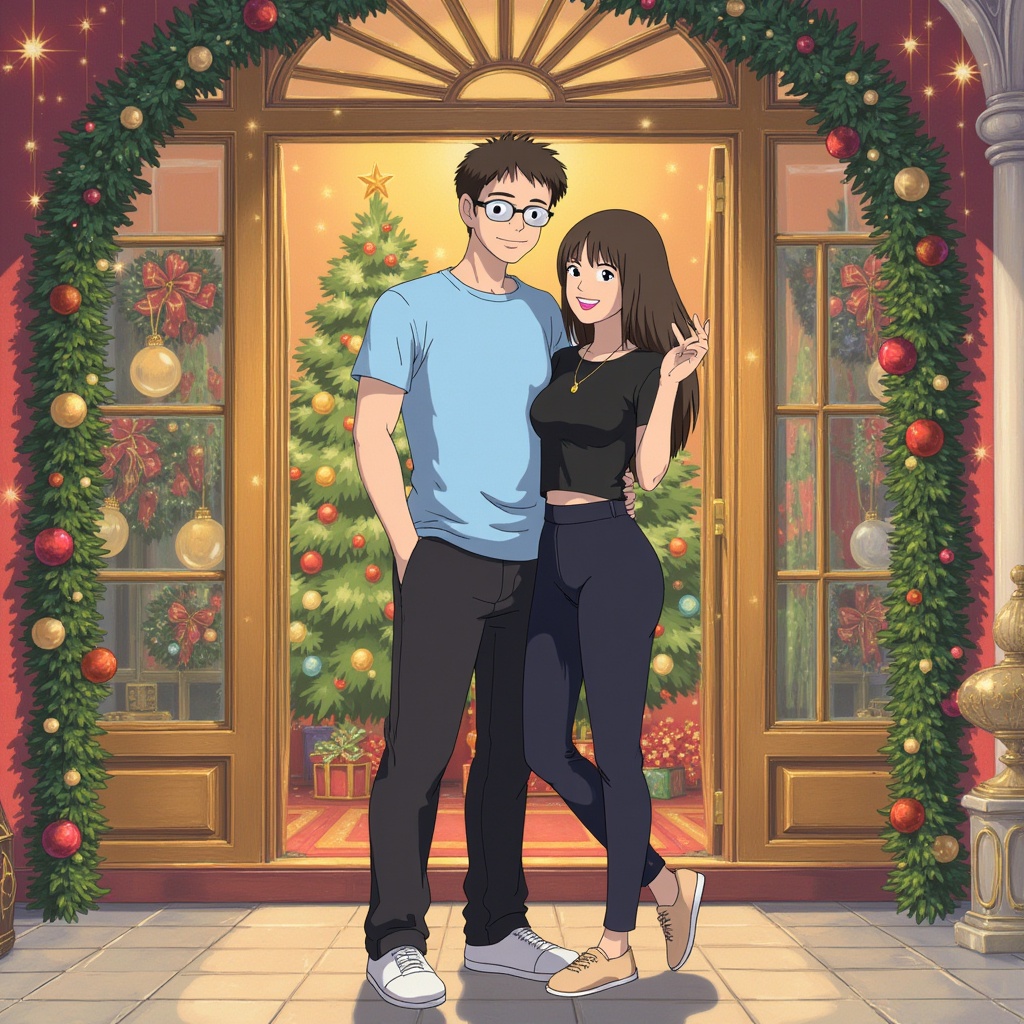 A young couple, radiating joy, pose before a lavishly decorated entrance; twinkling stars and festive garlands adorn the scene.  He, in a light blue T-shirt, black pants, and glasses, stands slightly behind her, elegantly dressed in a black top, high-waisted black pants, and beige sneakers.  Their smiles are radiant, reflecting a warm, affectionate connection.  A glass entrance, showcasing Christmas ornaments, wreaths, and a decorated tree's reflection, forms a vibrant backdrop, capturing a whimsical, festive atmosphere.
