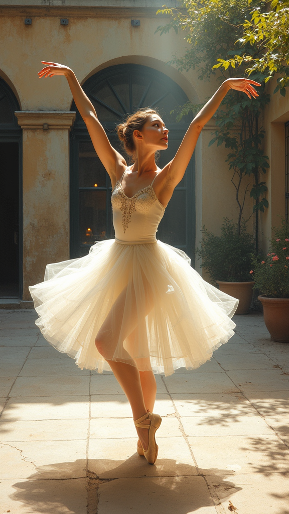 A ballerina, echoing the pose of the reference image's man, yet imbued with ethereal grace, pirouettes in a sun-drenched Parisian courtyard;  oil painting style, vibrant colors, capturing fleeting joy and delicate movement, a sense of timeless elegance.
