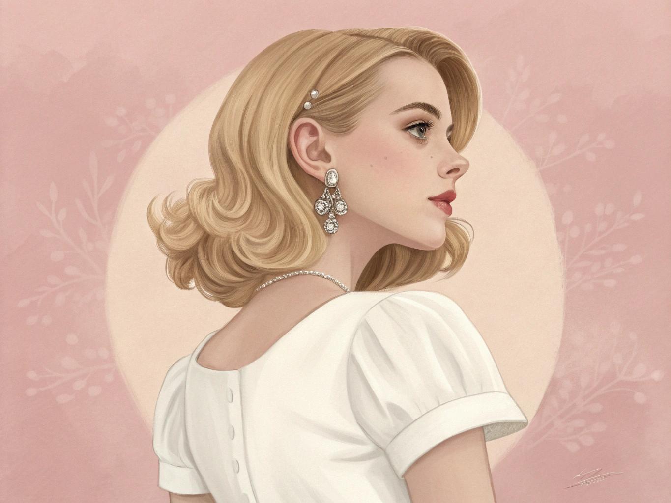 A young, light-skinned woman with shoulder-length blonde hair styled in a 1940s fashion is depicted. She is wearing a white, short-sleeved dress, suggestive of a vintage style.  She is wearing dangling earrings with light-colored stones. Her facial features are soft and delicate, with a subtle expression that conveys confidence and a hint of a serene gaze; her eyes are light-colored and looking over her shoulder.  Her lips are a rosy pink.  She has a slender, elegant build. The woman is positioned from the mid-back and upper body, angled slightly towards her right, in a three-quarter view; she is looking slightly behind her, and is centered in the image. The setting is a simple, pastel-toned background with soft light pink and beige shapes behind her. The overall style is a stylized illust