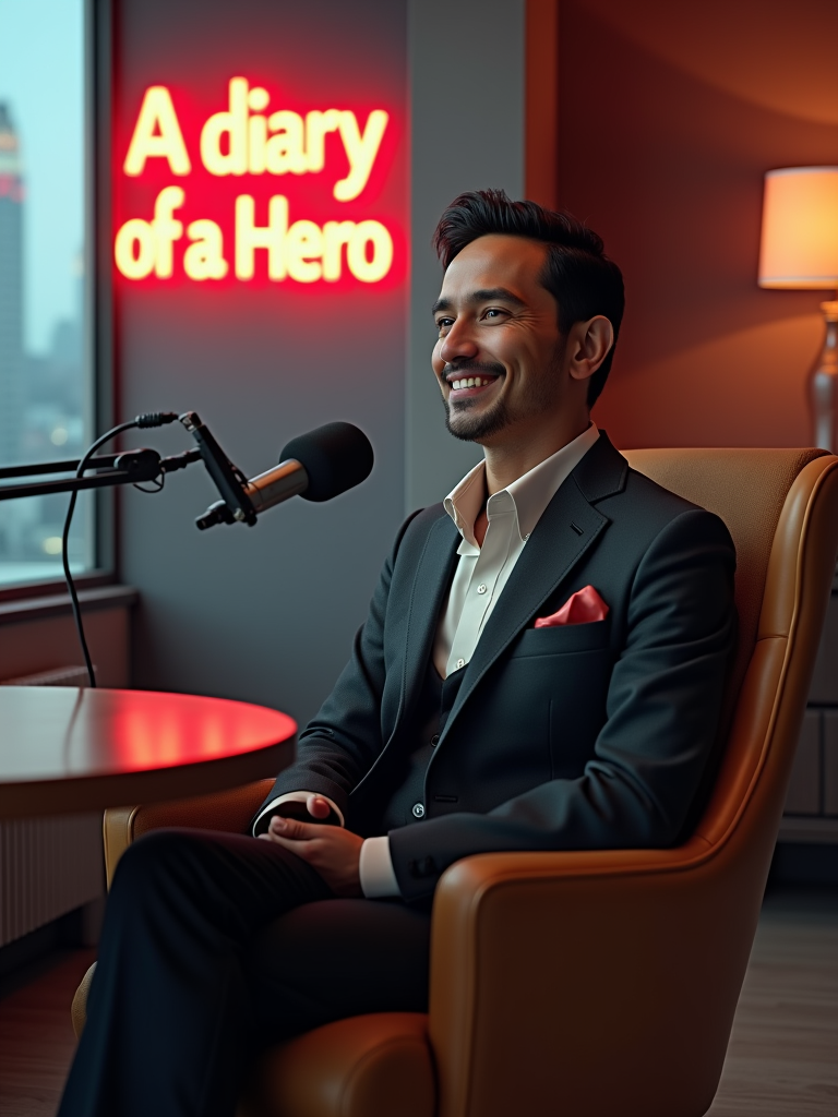 A hyper-realistic portrait of Dr. Jose Rizal, the Filipino national hero, in modern times, sitting in a sleek, contemporary podcast studio. He is seated in a comfortable, modern chair with a microphone in front of him, wearing a stylish yet professional outfit ). The studio has a clean, minimalist design with soft lighting, a wooden table, and podcast equipment like microphones. The background features a subtle cityscape view through a window, blending historical reverence with a modern aesthetic with a Neon sign titled "A diary of a Hero". The mood is professional, engaging, and reflective of a thoughtful interview setting.