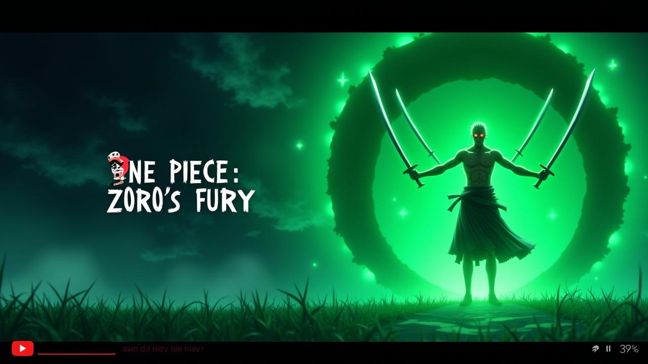 Zoro from One Piece, standing with three swords, intense green aura, dark stormy background, glowing red eyes, cinematic lighting, anime style, extremely detailed, perfect for YouTube thumbnail, 16:9 aspect ratio, high contrast, dramatic shadows, sharp focus