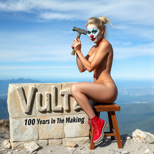 an attractive extremely scantly clad blonde haired woman wearing clown face makeup sitting on a small stool with a hammer and chisel, hammering a stone wall with the word "Vultar" under the word is the phrase "100 Years In The Making" at the top of a mountain