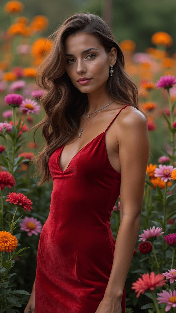 Without changing the face and hair
Show this woman in a long red velvet dress among colorful flowers