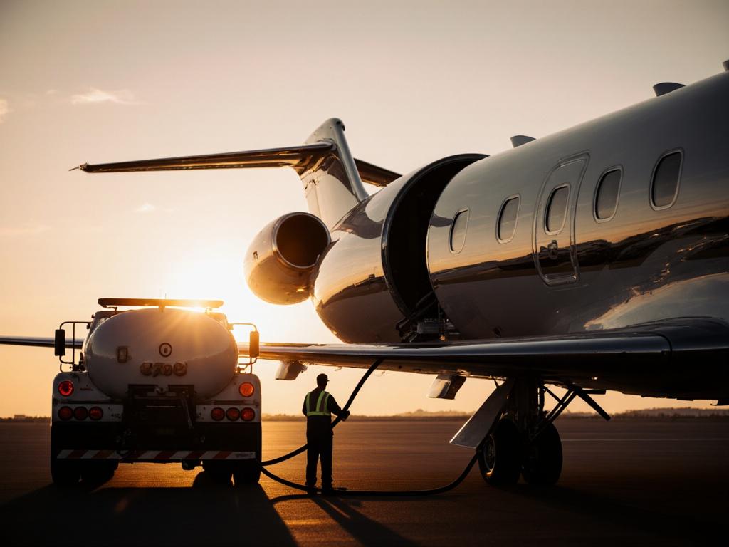 A gleaming Gulfstream G650 private jet, bathed in the warm hues of a late afternoon sun, sits majestically on the tarmac; a fuel truck, its metallic sheen reflecting the vibrant sky, is connected to the jet by a thick, flexible hose, expertly handled by an airport worker whose back is turned, their silhouette a stark contrast against the bright backdrop, creating a scene of quiet efficiency and subtle power within the bustling airport environment.
I want a closer image of a private jet with a fuel truck next to it, connected to the plane by a hose. The airport worker is standing near the plane, holding the hose, with their face not visible to the camera
Make sure the hose is connected to the plane
