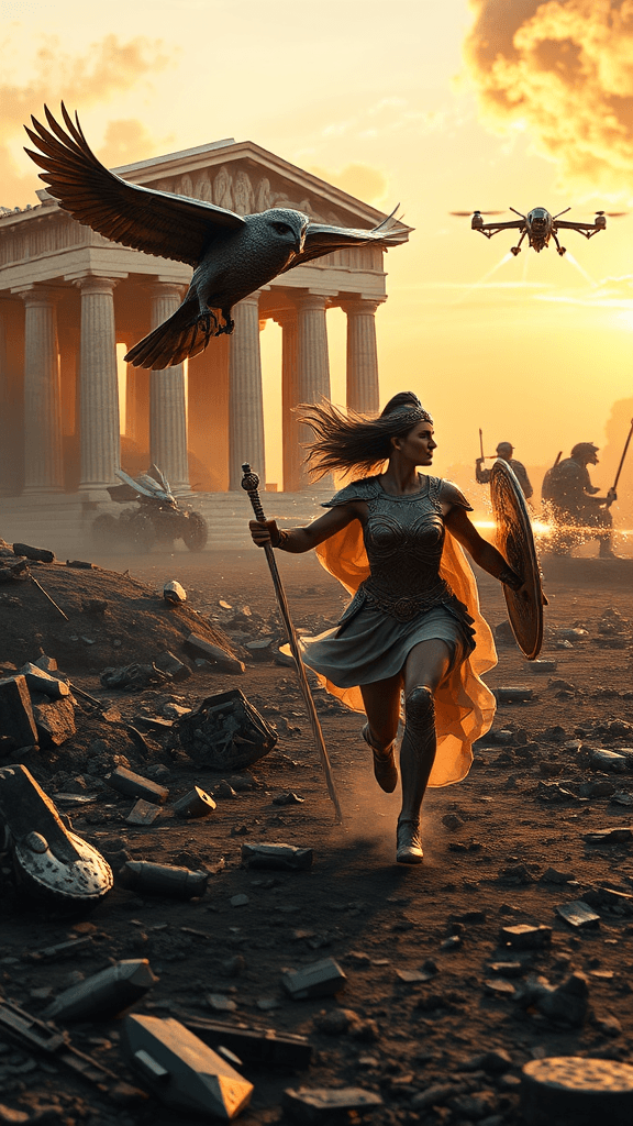 Athena charges across a shattered battlefield at dawn, her bronze armor etched with olive branches and glowing faintly with divine light. Her silver spear crackles with energy as she confronts Ares, the bloodied war god, whose chariot smolders from laser beams fired by her owl-shaped drone. Leaping mid-air, she deflects a missile with her shield. Ares’ sword shatters into shards that embed themselves into a crumbling Parthenon replica behind him. The sky burns with smoky gradients, metallic debris litters the ground, and cyberpunk realism amplifies the chaos